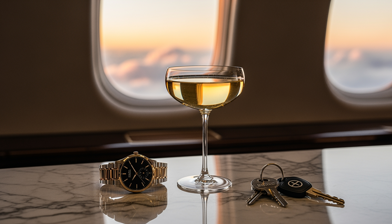 A champagne coupe by a private jet window at sunset
