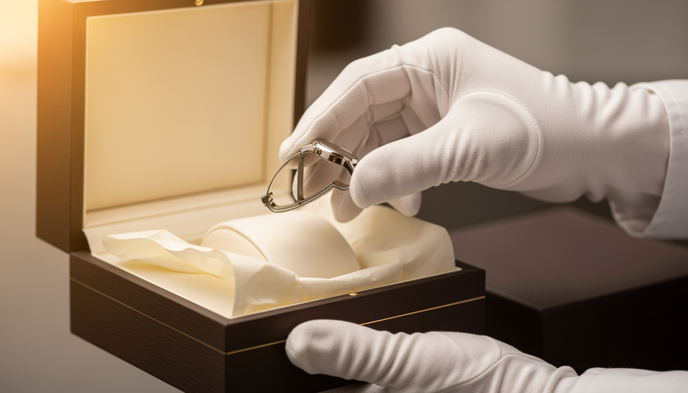 A white-gloved hand placing a luxury item into a gift box